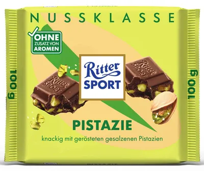 Produktbild von Ritter Sport Pistazie, Milchschokolade, 100 g, Pistazie, 1 Stück(e), Kann Spuren von Erdnüssen, anderen Schalenfrüchten, glutenhaltigem Getreide und Ei enthalten., Milch, Soja