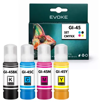 Produktbild von Evoke kompatible Tinte für Canon GI-45 GI45 4x CMYK:Schwarz,Cyan,Magenta,Gelb 280 ml MAXIFY GX1010 GX1020 GX1030 GX1040 GX1050 GX1070 GX1080 GX1090 GX2010 GX2020 GX2030 GX2040 GX2050 GX2070 GX2080 GX2090
