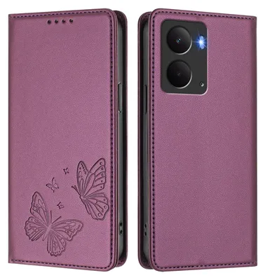 Image de Étui en cuir pour Realme 14 5G, étui de protection type portefeuille en cuir gaufré motif papillon avec support, violet