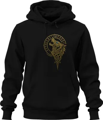 Obrázok produktu pre Viking Wolf Nordic Fenrir Runes Wolf Head Celtic Gold Uni mikina s kapucňou, čierna, 3XL