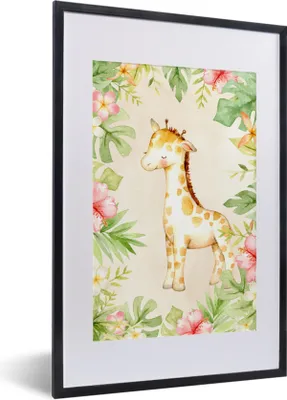 Produktbild von MuchoWow® MuchoWow® Gerahmtes Poster Giraffe - Aquarell - Blumen 40x60 cm - Poster mit zchwarzem Bilderrahmen - Poster in Rahmen