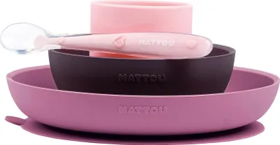 Produktbild von Nattou Silikon-Geschirr für Kinder, 4-tlg., Teller + Schale rutschfest, BPA-frei, Silicon, Rosa/Violett