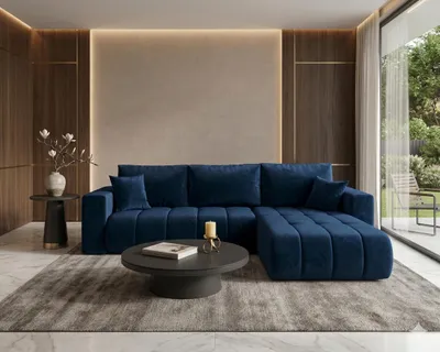 Produktbild von CORNERO Ecksofa LARA L-Form PREMIUM mit Schlaffunktion und Bettkasten Couch Sofa in L-Form Eckcouch Dunkelblau Ottomane rechts