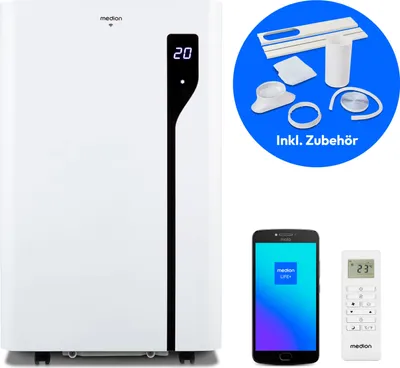 Produktbild von MEDION Smarte Mobile Klimaanlage mit Abluftschlauch P1200 (12000 BTU, mobil, inkl. Fensterabdichtung, bis 36m², 3in1 Kühlen Entfeuchten Ventilieren, App- und Sprachsteuerung, Schlafmodus, MD 37734)