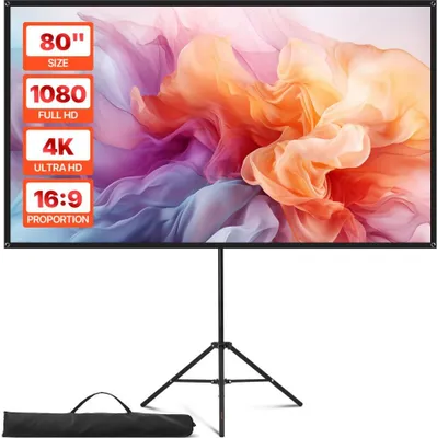 Immagine prodotto di Schermo di proiezione a treppiede da 80 pollici con grandangolo da 160°, schermo per proiettore 16:9 4K HD - proiettore per interni ed esterni - schermo cinematografico portatile con borsa di trasporto per home cinema e presentazioni