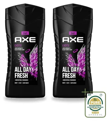 Imagen del producto de 2 unidades de gel de ducha 3 en 1 Axe Excite, aroma coco y pimienta negra, 250 ml, pack ahorro