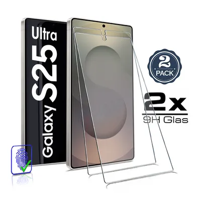 A product image showing two screen protectors for a Samsung Galaxy S25 Ultra phone, with packaging and marketing text.