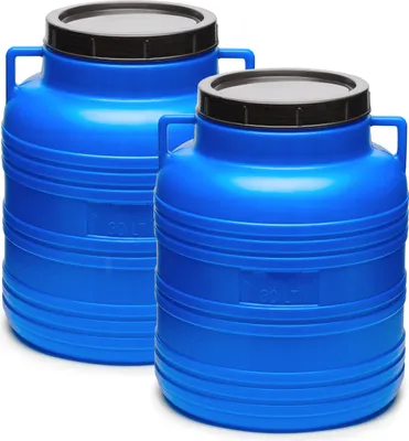 Two blue plastic barrels with black lids are shown against a white background.