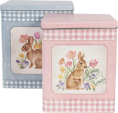 Obrázok produktu pre Clayre & Eef Plechová krabica 21x15x25 / 18x13x22 cm Modrá Ružová Kovový králik
