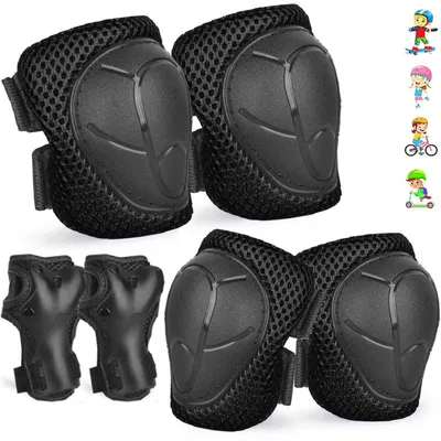 Produktbild von Knieschoner Kinder, 6 in 1 Schutzausruestung, Knieschoner Ellenbogenschuetzer Handgelenkschoner, Knieschoner Schoner Set Kinder fuer Skateboard Roller Skaten,Schwarz
