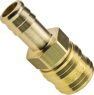 A close-up studio shot of a brass quick-connect coupling with a hose barb.
