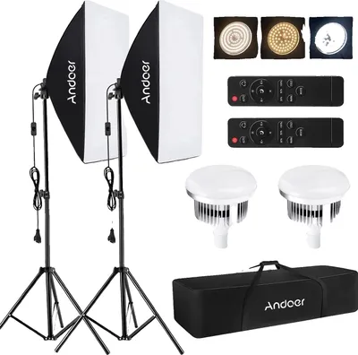 Image de Kit d'éclairage Softbox, puissance 85 W, température de couleur réglable 2800 K-5700 K, dimensions 50 x 70 cm, hauteur du trépied 2 m, kit photographique complet