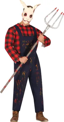 Produktbild von Halloween Bauer Horror Kostüm Overall Gruselig Maske Blutspuren, Größe: 48 - 50 (M) Farbe: Rot