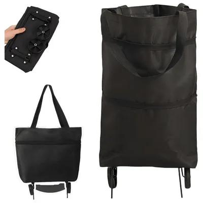 Produktbild von Tragbare Einkaufstasche, leichter Einkaufswagen, faltbar, Tretlager, eingebaute Riemenscheibe, Oxford-Stoffmaterial, schwarz