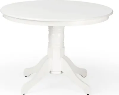 A white round dining table with a pedestal base and four legs, shown against a white background.