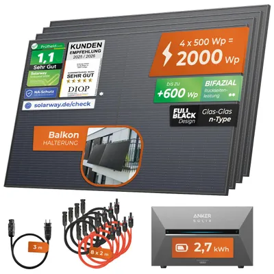 Produktbild von Solarway®️ 2000Wp / 800W Balkonkraftwerk mit 2,7 kWh Speicher komplett Steckdose - 2,7 kWh Anker SOLIX 3 PRO Speicher