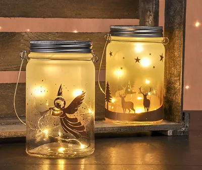 Produktbild von Deko-Anhänger aus Glas mit LED-Beleuchtung, Engel/Rentier-Motiv, Drahthenkel, 8,5 x 14,5 cm