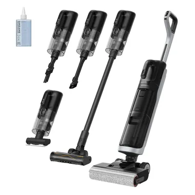 A collection of vacuum cleaner components and a bottle of cleaning solution are displayed against a white background.