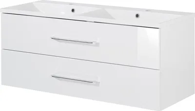 Produktbild von FACKELMANN Waschtischunterschrank inkl. Doppel-Gussbecken B.CLEVER / Soft-Close-System / Maße (B x H x T): ca. 120 x 48,5 x 46 cm / Möbel fürs WC oder Badezimmer / Schrank: Weiß / Becken: Weiß