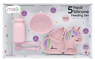 Obrázok produktu pre Detská silikónová jedálenská sada Melii, 5-dielna – Jednorožec