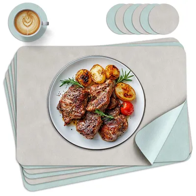 6er-Set Kunstleder-Platzsets, doppelseitig, 44x30 cm, hellgrau/blau