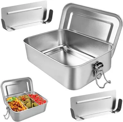 Obrázek produktu pro Voděodolná dvoudílná ocelová krabička na oběd, rozměry 15 x 11,3 x 5 cm, objem 800 ml, včetně náhradního silikonového těsnění.