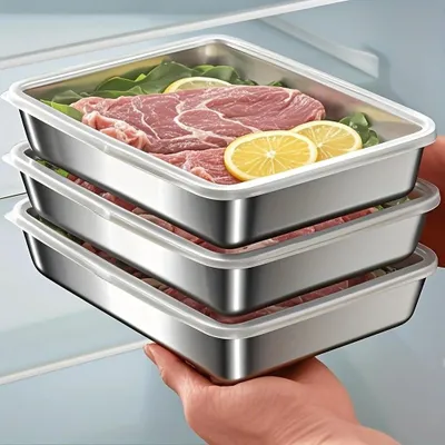 Obrázek produktu pro Nerezové nádoby na skladování potravin – sada 3 kusů – vodotěsné – vhodné pro styk s potravinami – pro pečení a přípravu jídel – stříbrné