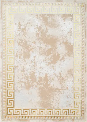 A top-down view of a rectangular rug with a classic Greek key border and a distressed, marbled pattern in the center.