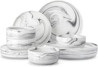 Obrázek produktu pro Porcelánová jídelní sada – 12 kusů, šedá, pro 4 osoby, keramická, vhodná do myčky a mikrovlnné trouby