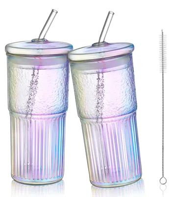 2er-Set Regenbogengläser 650 ml mit Deckel & Strohhalm