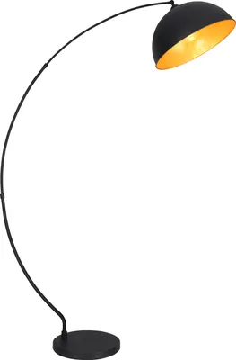 A black arc floor lamp with a gold interior lampshade is shown against a white background.