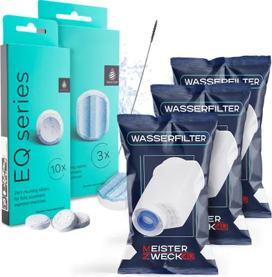 Produktbild von MEISTERZWECK4U Pflegeset Kaffeevollautomaten - 3x Wasserfilter, 1x Entkalkungstabletten, 1x Reinigungstabletten, Reinigungsbürste - Reinigungsset Kaffeemaschinen Siemens, EQ Series, Supresso, Bosch