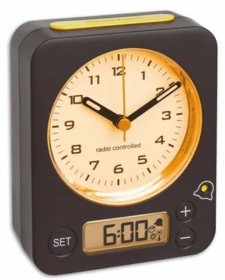 Analoger Wecker mit Radiokontrolle, digitaler Alarm, schwarz-gelb