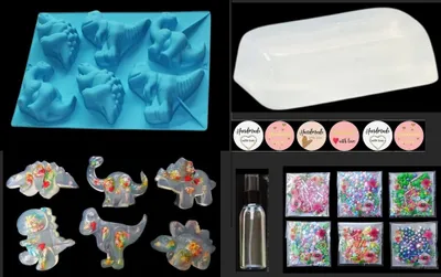 Produktbild von GKA Streuselseife Seifenherstellung Dinosaurier Streusel Aloe Vera Seife und viel Zubehör Seife selber herstellen Kinder Dino