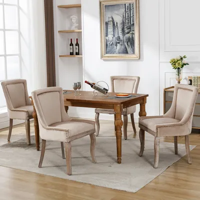 Image de Fortuna Lai Chaise de salle à manger luxueuse (chaise de cuisine, chaise de salon, 4 pièces), chaise rembourrée avec garniture à clous, pieds en bois massif, revêtement en velours, beige