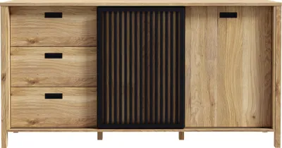 Produktbild von Forte JYTANA Sideboard 170 180, skandinavisches Sideboard mit 3 Schubladen und 2 Schranktüren, Holzwerkstoff, Mauvella Eich Holzdekor / Schwarz, 174,8 cm breit x 91,5 cm hoch x 40,2 cm tief