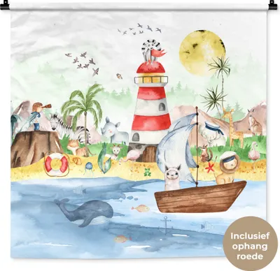 Produktbild von MuchoWow® Wandteppich Wandbehang Strand - Tiere - Kinder - Leuchtturm - Jungen 90x90 cm Tapisserie Dekoration Wandtuch - Wandaufhänger