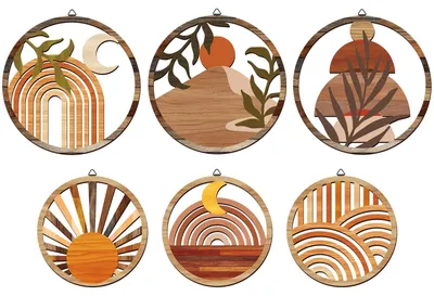6er Set runde Holz-Wanddeko, Boho-Stil, 25/20 cm, mit Haken