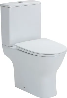 A white toilet with a closed lid, shown from the front.