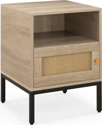 Zdjęcie produktu dla COSTWAY Rattanowy stolik nocny, szafka nocna z otwartą półką i szafką, stolik boczny, stolik na sofę, konsola nocna w stylu boho 40 x 40 x 57 cm (naturalny)