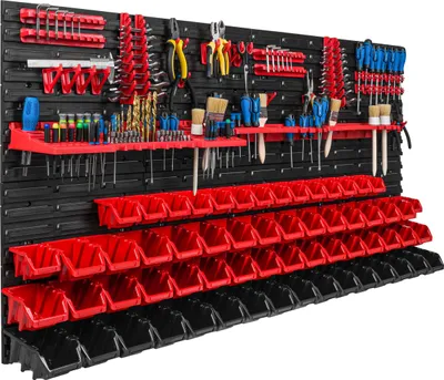 Zdjęcie produktu dla System magazynowy Regał warsztatowy | 156 x 78 cm | 62 szt. Pudełko | Regał ścienny z uchwytami na narzędzia i pojemnikami do układania w stosy - Płyty ścienne Bardzo wytrzymały regał z przegródkami Ściana perforowana Regał magazynowy Regał garażowy