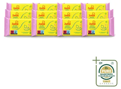 Imagen del producto de 12 paquetes de toallitas húmedas Zwitsal para bebés, formuladas para pieles sensibles, con 57 unidades por paquete. Pack de 12 unidades
