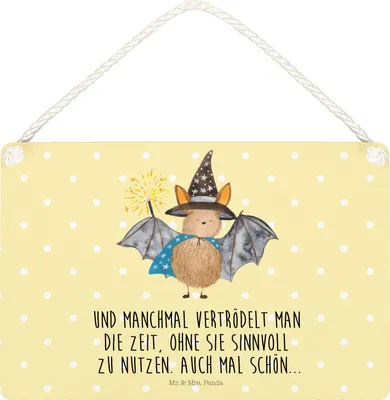 Produktbild von Mr. & Mrs. Panda Schild Fledermaus Zauberer DIN A5 - Gelb Pastell - Geschenk, Frauen, Fledermäuse, Türschild, Holzschild, Magier, Wandbild Holz, Lustige Sprüche, holzbild