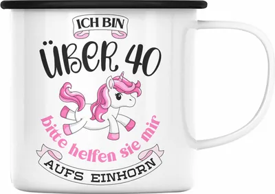 Produktbild von Trendation - 40 Geburtstag Frauen Emaille Tasse Einhorn Geschenk Mutter 40er Geschenkideen Emaille Tasse (Schwarz)