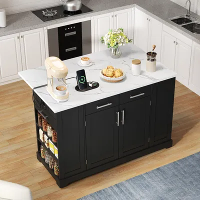 Immagine prodotto di Isola da cucina moderna, tavolo da cucina con piano di lavoro pieghevole, carrello da cucina con ruote silenziose e presa di corrente europea, mobiletto buffet con cestino estraibile, piano di lavoro in marmo, colore nero