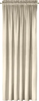 A full-length view of a cream-colored curtain hanging from a rod.