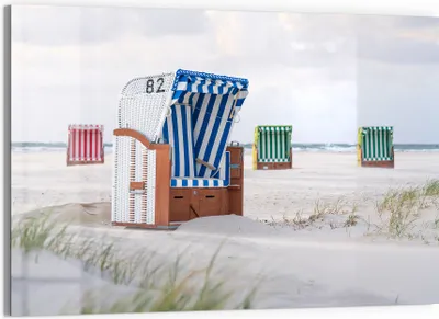 Produktbild von DEQORI Glasbild Echtglas 90x60 cm 'Ostsee Strandkörbe' Wandbild Bild modern Deko