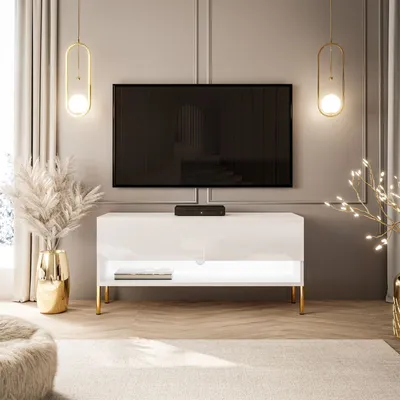 Produktbild von RTV Schrank CALANTE 90 cm auf Beinen mit LED-Beleuchtung Weiß / Weiß hochglanz gerade gold Chrom Beine