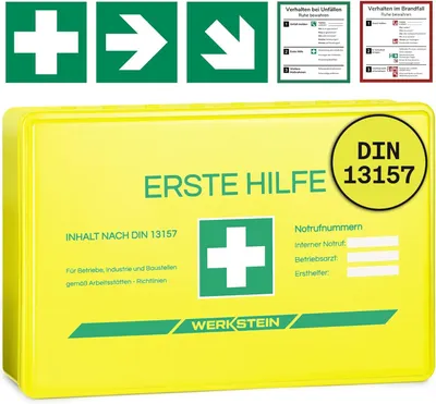Produktbild von WERKSTEIN® Erste Hilfe Verbandskasten Gelb inkl. Wandhalterung [DIN 13157:2021] - Erste Hilfe Kasten für Betriebe, Zuhause & Einrichtungen