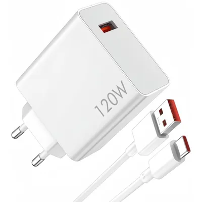 A white 120W USB charger with a red accent inside the USB-C port, shown with two white cables. One cable has a USB-A connector and the other has a USB-C connector, both with red accents.